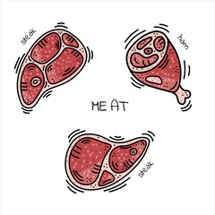 A set of entrecote, steak, meat with bone, ham, bacon. Farm fresh meat, shoulder chops, lamb, beef, pork. Vector sketch, doodle, cartoon illustration
