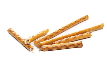 Cracker pretzel sticks filled with peanuts isolated on white background