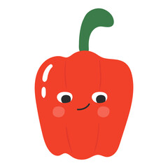 Funny cartoon red pepper character with face expression. Healthy food doodle vegetable vector illustration. Harvest object in flat style showing emotions