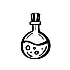 Poison in bottle. Black ink vector illustration. Witch element. Halloween design. Day of the dead. Isolated on white background.
