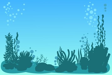 Fototapeta na wymiar Bottom of reservoir with fish. Silhouette. Blue water. Sea ocean. Underwater landscape with plants, algae and corals. Illustration in cartoon style. Flat design. Vector art