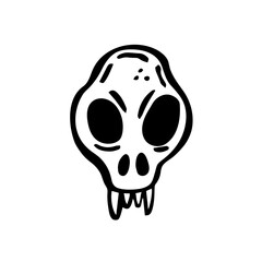 Animal skull, skeleton head. Black ink vector illustration. Witch element. Halloween design. Day of the dead. Isolated on white background.