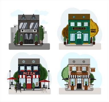 Irish pub exterior vector illustration. Flat design of facade. Beer house building concept. Emerald two-story restaurant in the European style. Illustration of a city street.