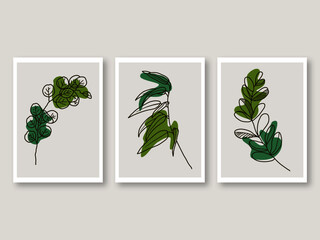 Botanical wall art vector set. Green tone foliage line art drawing with abstract shape. Abstract Plant Art design for print, cover, wallpaper, Minimal and natural wall art.