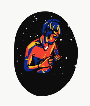 Illustration of lonely man against night starry sky
