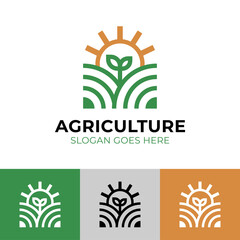 modern linear agriculture with nature plant and sun for farm farmer logo design
