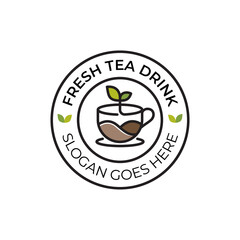 nature tea fresh drink or hot coffee leaf line art badge logo for business cafe