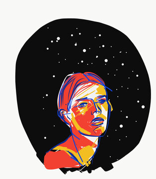 Illustration of calm woman against starry sky