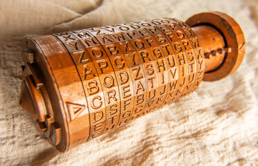Opened brass cryptex invented by Leonardo da Vinci from the book da vinci code. Cryptographic...