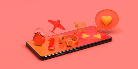 Smartphone concept with floating objects. Banner. Headphones, shopping cart, games, alarm clock, messages, email ... 3D illustration.