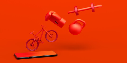 Online sport concept with smartphone. Banner. Bicycle, boxing glove, dumbbell ... App. 3D illustration.