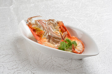 freshly steamed big tiger prawn seafood with egg white in chinese herbal wine sauce asian halal healthy menu