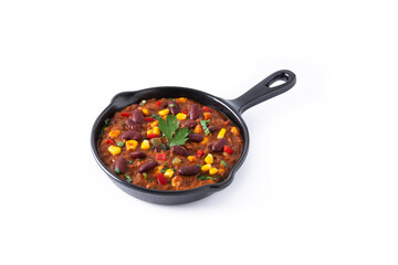 Traditional mexican tex mex chili con carne in iron pan isolated on white background