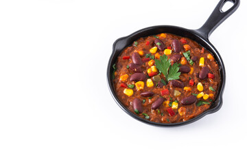 Traditional mexican tex mex chili con carne in iron pan isolated on white background