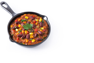 Traditional mexican tex mex chili con carne in iron pan isolated on white background