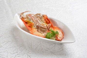 freshly steamed big tiger prawn seafood with egg white in chinese herbal wine sauce asian halal healthy menu