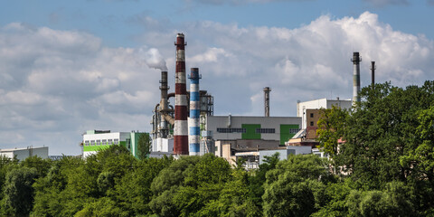 Fototapeta na wymiar pipes of woodworking enterprise plant sawmill near river. Air pollution concept. Industrial landscape environmental pollution waste of thermal power plant