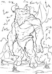 Minotaur fantastic creature on black and white colors. coloring book