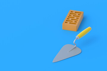 Perforated clay brick near trowel on blue background. Home repairs. Construction materials. Developer services. Copy space. 3d render