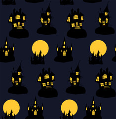 Seamless pattern with Halloween houses. Vector print - cute houses silhouettes