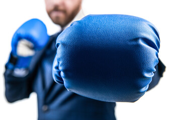 closeup punch of cropped businessman in boxing gloves ready for corporate business battle, knockout.