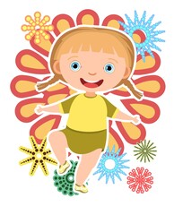 Child with salute. Little girl. In yellow clothes. Fireworks at birthday party. Kid is jumping for joy at party. Charming active cute character kid. Birthday. Cartoon style. Isolated. Vector
