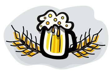 Large bright mug of beer with lush foam. Emblem for a day of beer with ears of wheat. A generous portion, a pint of beer. Festival Oktoberfest. Vector isolated. Banner, postcard, poster, label.