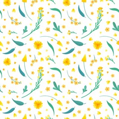 Fototapeta na wymiar Yellow Flowers Leaves Seamless Pattern_3