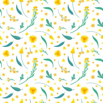 Yellow Flowers Leaves Seamless Pattern_3