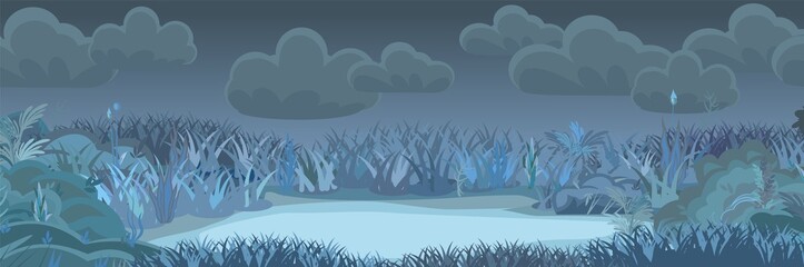 Fototapeta na wymiar Meadow glade in the evening. Dark thickets at night. Grass area. Beautiful and graceful landscape. Flat style. Cartoon design. Vector