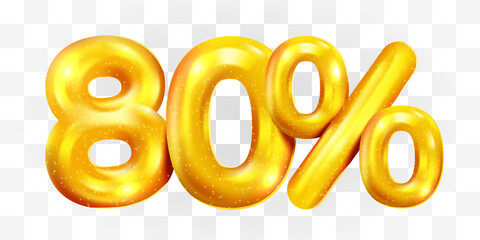 80 percent Off. Discount creative composition of golden balloons. 3d mega sale or eighty percent bonus symbol on transparent background. Sale banner and poster.
