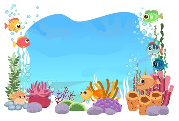 Fototapeta na wymiar The bottom of the reservoir with fish. Blue water. Sea ocean. Underwater landscape with animals, plants, algae and corals. Illustration in cartoon style. Isolated. Flat design. Vector art