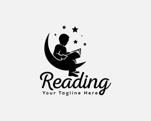 child relax reading book reach dream black white silhouette logo template illustration inspiration