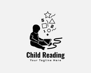 child reading book leaning fun mathematics silhouette logo template illustration inspiration