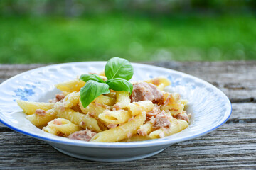  Italian home made   penne pasta  with  tuna  fish, parmesan cheese and black pepper .