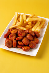 Traditional German currywurst on yellow background. Suasages with ketchup and curry