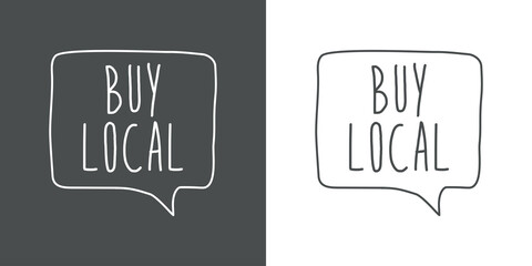 Logotipo con texto manuscrito Buy Local escrito a mano en burbuja de habla con lineas en fondo gris y fondo blanco