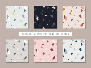 Collection of hand drawn vector seamless terrazzo patterns. Realistic painted brush strokes ornament tiles. Terrazzo patterns set.