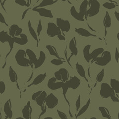 Hand drawn vector seamless floral pattern. Realistic painted brush strokes ornament  in earth green color.