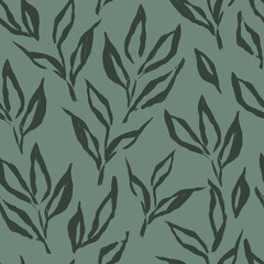 Hand drawn vector seamless pattern with leaves. Realistic painted brush strokes ornament in eucalyptus color.