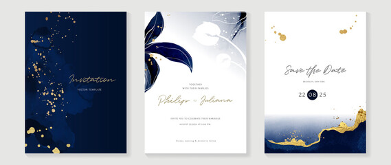 Abstract art background vector. Luxury invitation card background with golden line art flower and botanical leaves, Organic shapes, Watercolor. Vector invite design for wedding and vip cover template.