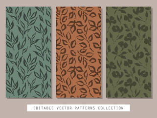 Collection of hand drawn floral vector seamless patterns. Realistic painted brush strokes ornament tiles in pastel earth colors.