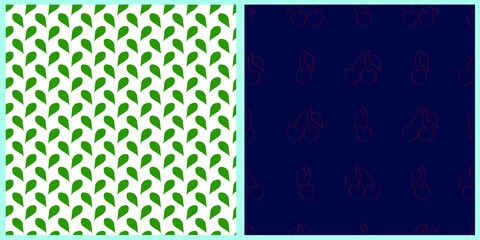Set of vector seamless patterns. Contour cherry drawing on a blue isolated background. Drawing of green leaves on a white isolated background. Print for fabrics, background. 