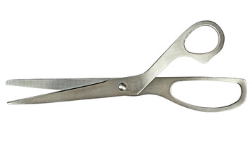 Iron scissors with a characteristic metal texture. Subject on a white background. Stationery. 