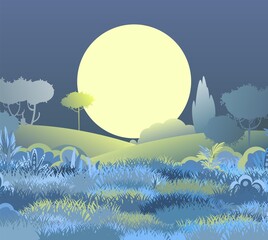 Night beautiful rural landscape. Cartoon style. Hills with grass and dark trees. Large Moon and moonlight. Lush meadows. Flat design illustration. Vector art © Ирина Мордвинкина