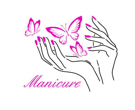 Beautiful female hands. Nail studio. Nail polish logo. pink butterflies.  vector illustration vector de Stock | Adobe Stock