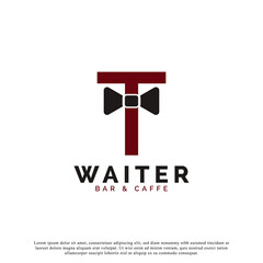Initial Letter T Waiter Bow Tie Hotel Restaurant Logo Design. Waitress Vector Logo Template.