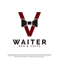 Initial Letter V Waiter Bow Tie Hotel Restaurant Logo Design. Waitress Vector Logo Template.