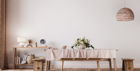 Farmhouse dining room design, wooden table and chairs on white wall background, 3d render