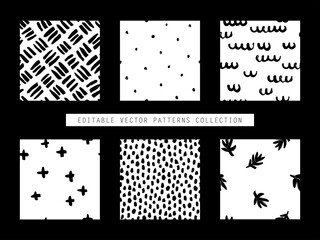 Collection of hand drawn vector seamless patterns in black and white. Realistic painted brush strokes ornament tiles. - 446589768